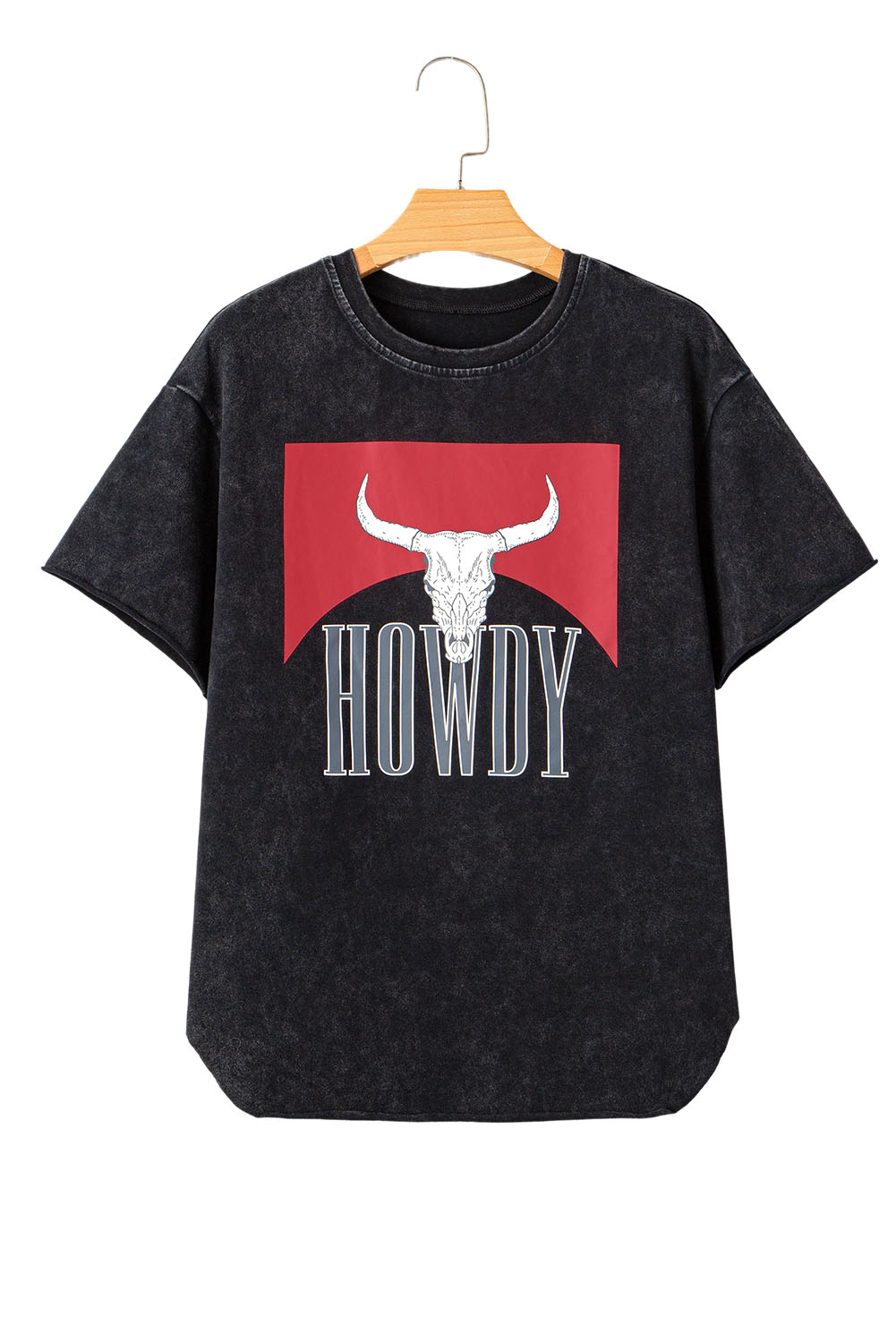 Black Western HOWDY Steer Head Print Side Slits Loose Fit T Shirt - loveforevers