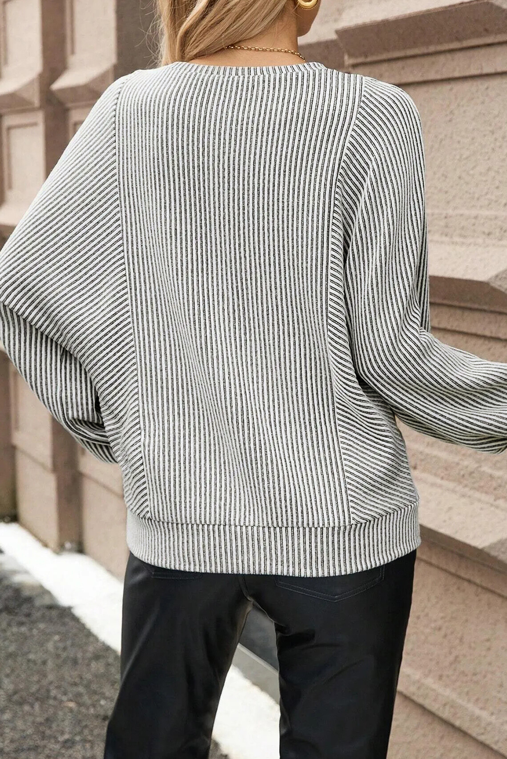 Gray Ribbed Knit Round Neck Long Lantern Sleeve Top - loveforevers