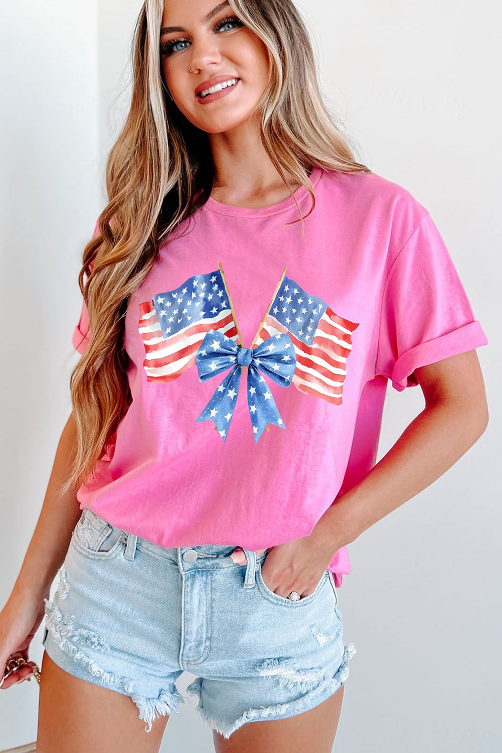 Sachet Pink Dual American Flag Bow Printed Casual T Shirt - loveforevers