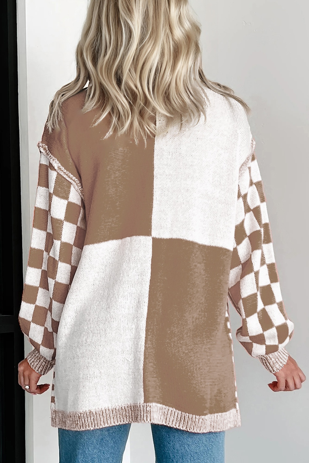 Brown Plus Size Checkered Bubble Sleeve Drop Shoulder Open Cardigan - loveforevers