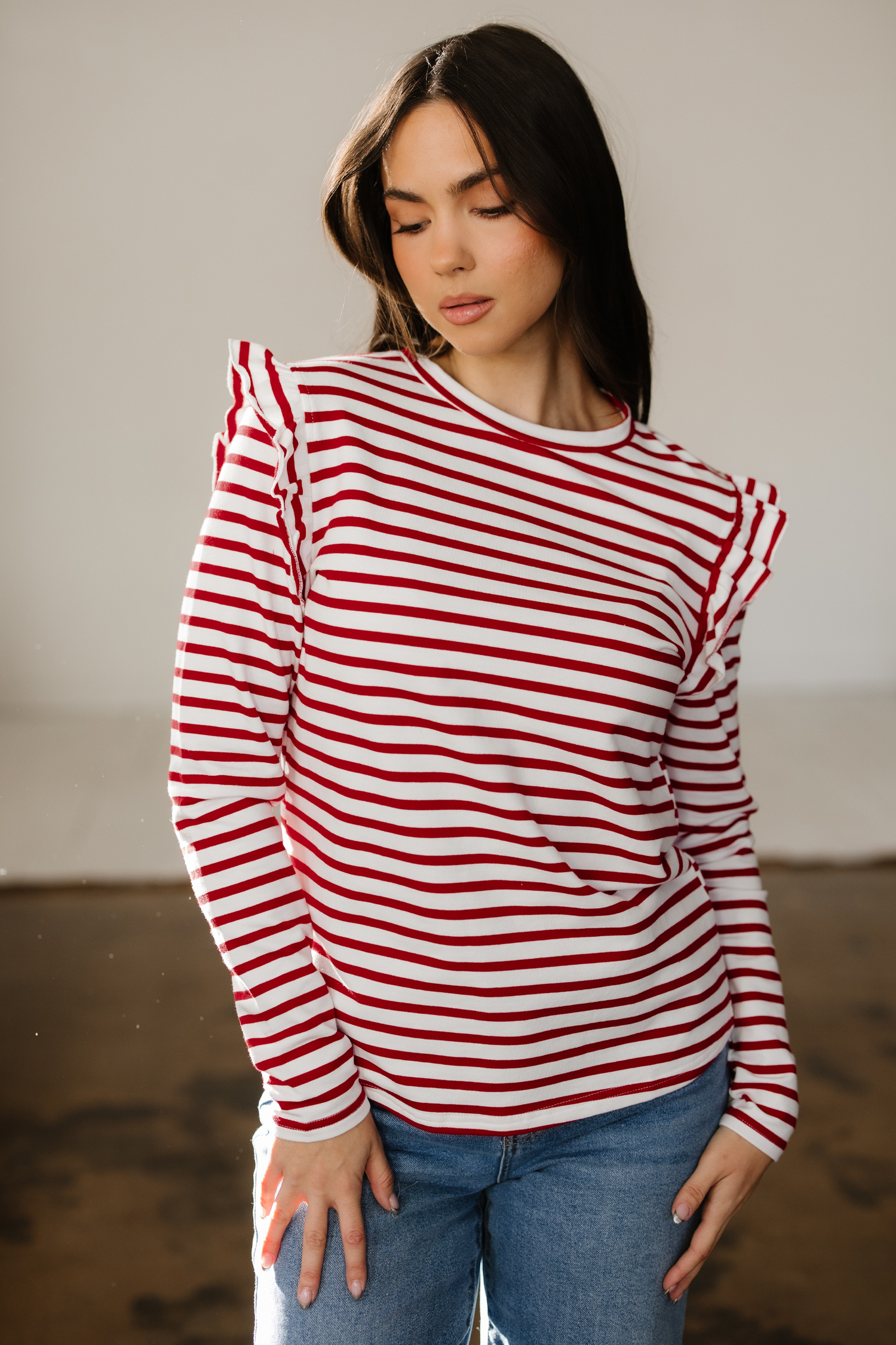 Red Stripe Round Neck Ruffle Trim Long Sleeve Top - loveforevers
