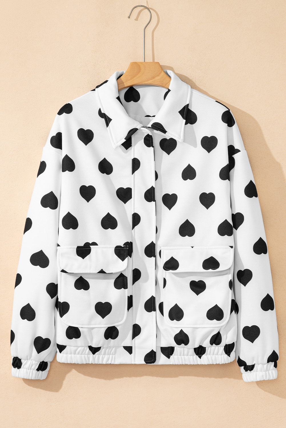 White Double Flap Pocket Heart Print Collar Zip Jacket - loveforevers