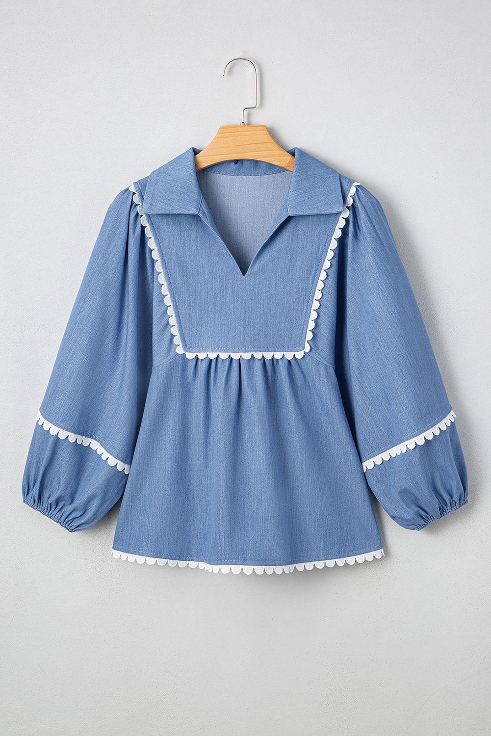 Dusk Blue Lace Ric Rac 3/4 Puff Sleeve Collared Babydoll Blouse - loveforevers