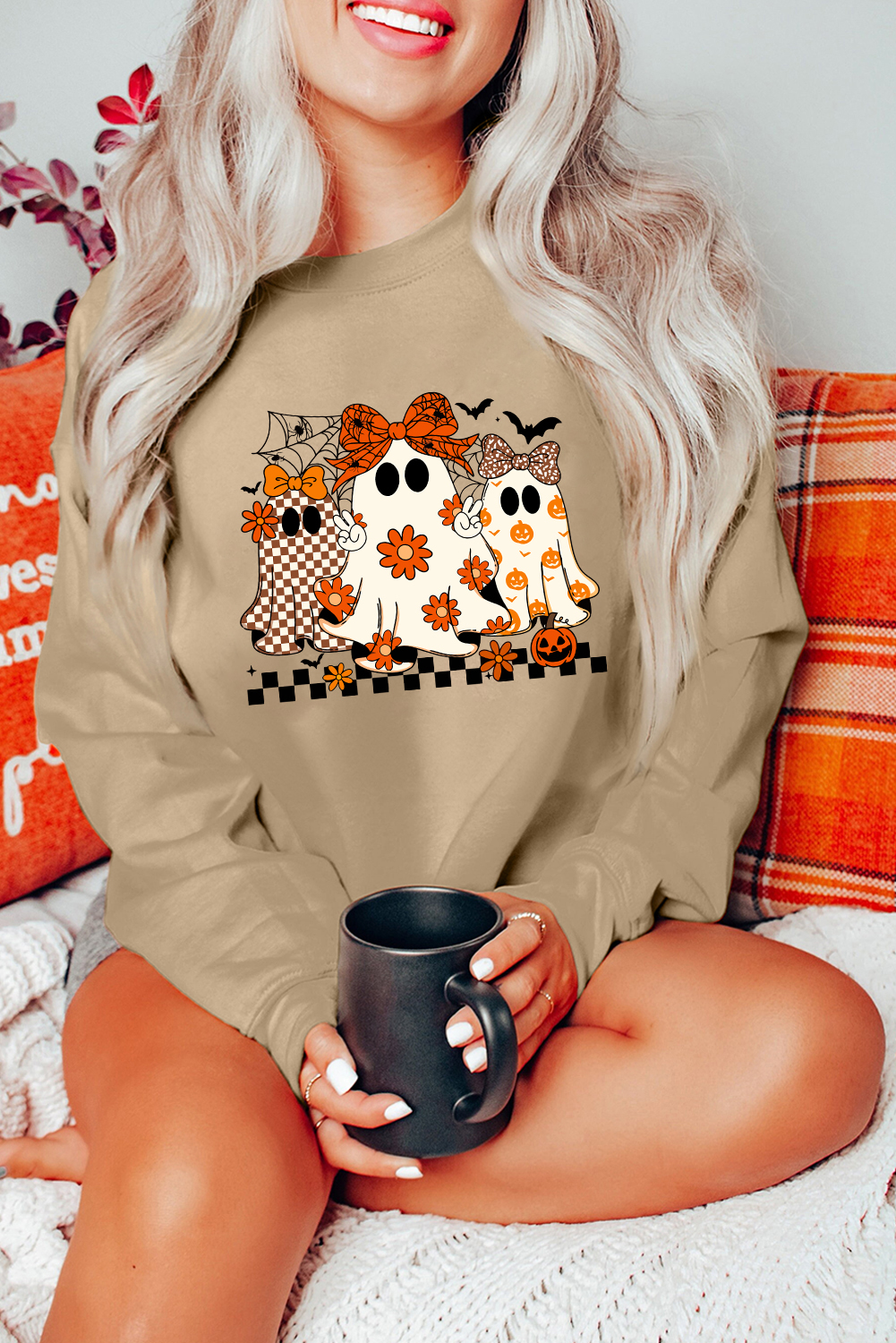 Khaki Cute Halloween Ghost Printed Drop Shoulder Baggy Sweatshirt - loveforevers