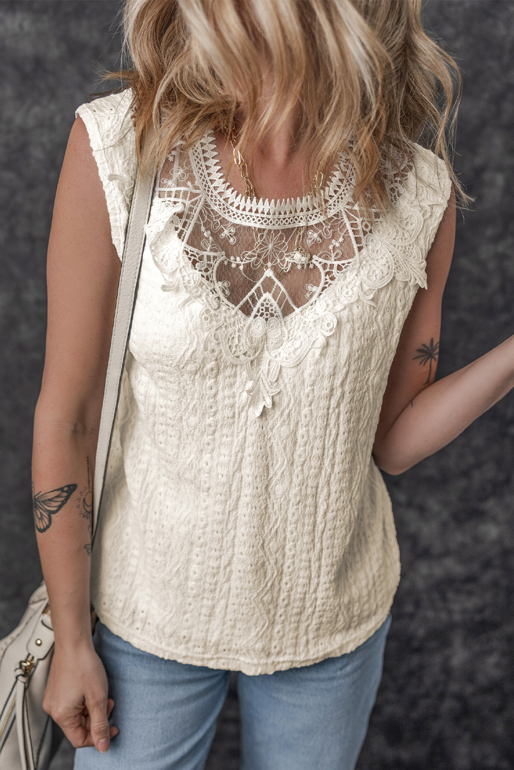 Apricot Guipure Lace Crochet Keyhole Back Tank Top - loveforevers