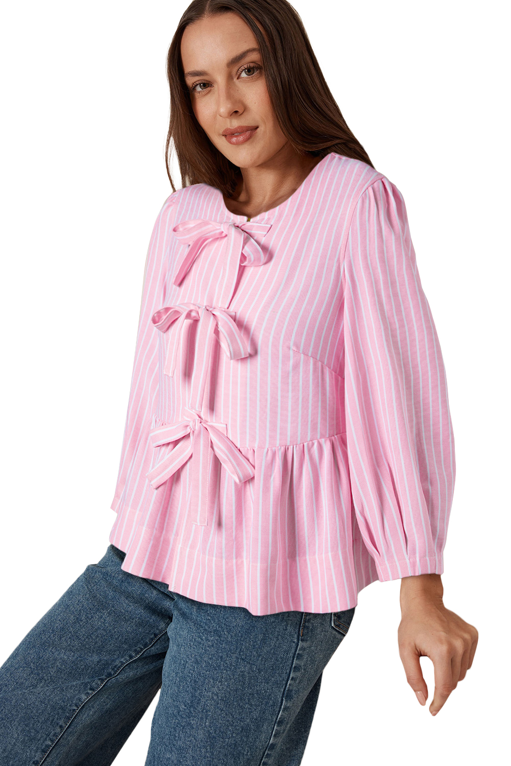Pink Stripe Bowknot Front Crew Neck Puff Sleeve Blouse - loveforevers