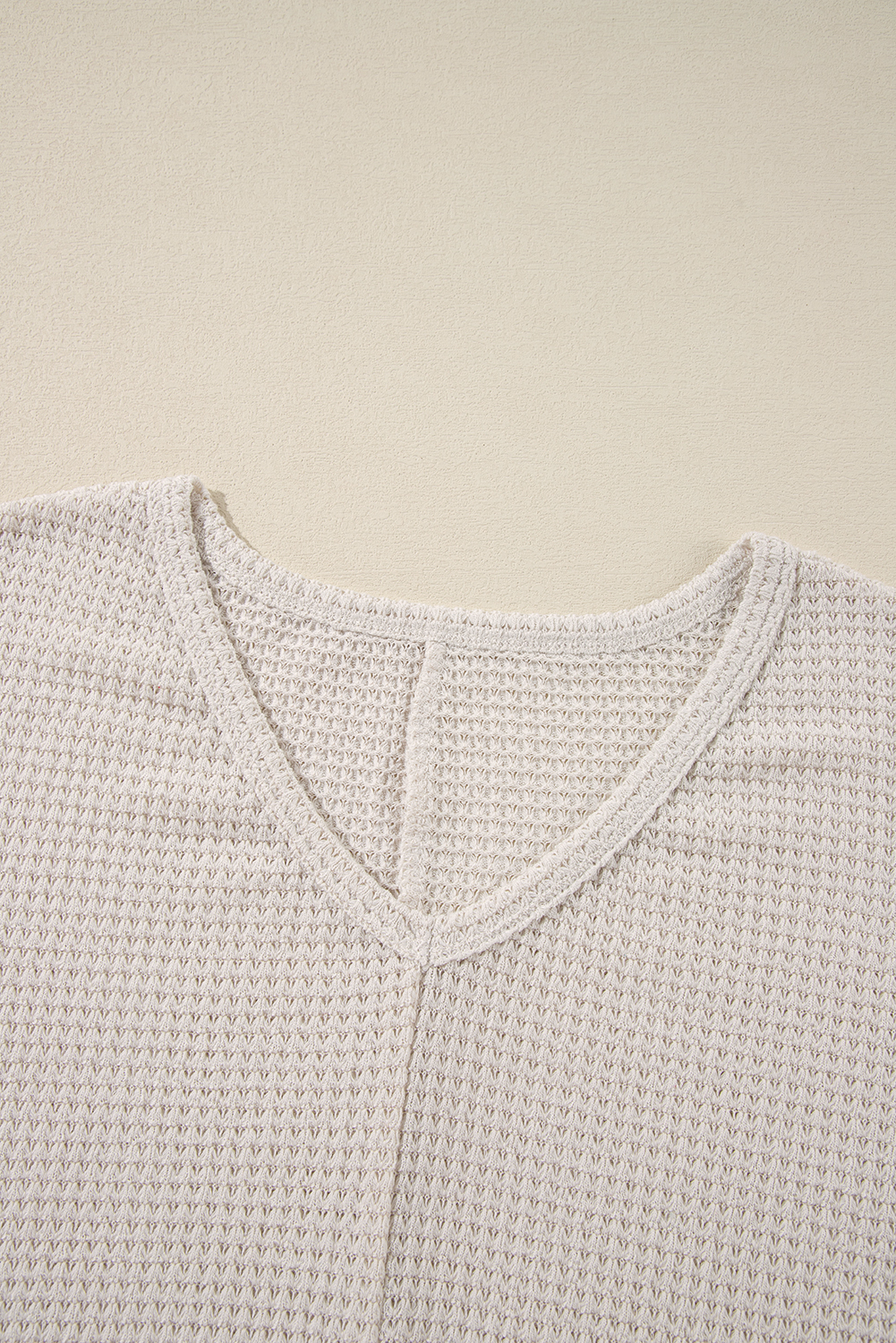 White Waffle Knit Side Slits Loose Fit V Neck Top - loveforevers