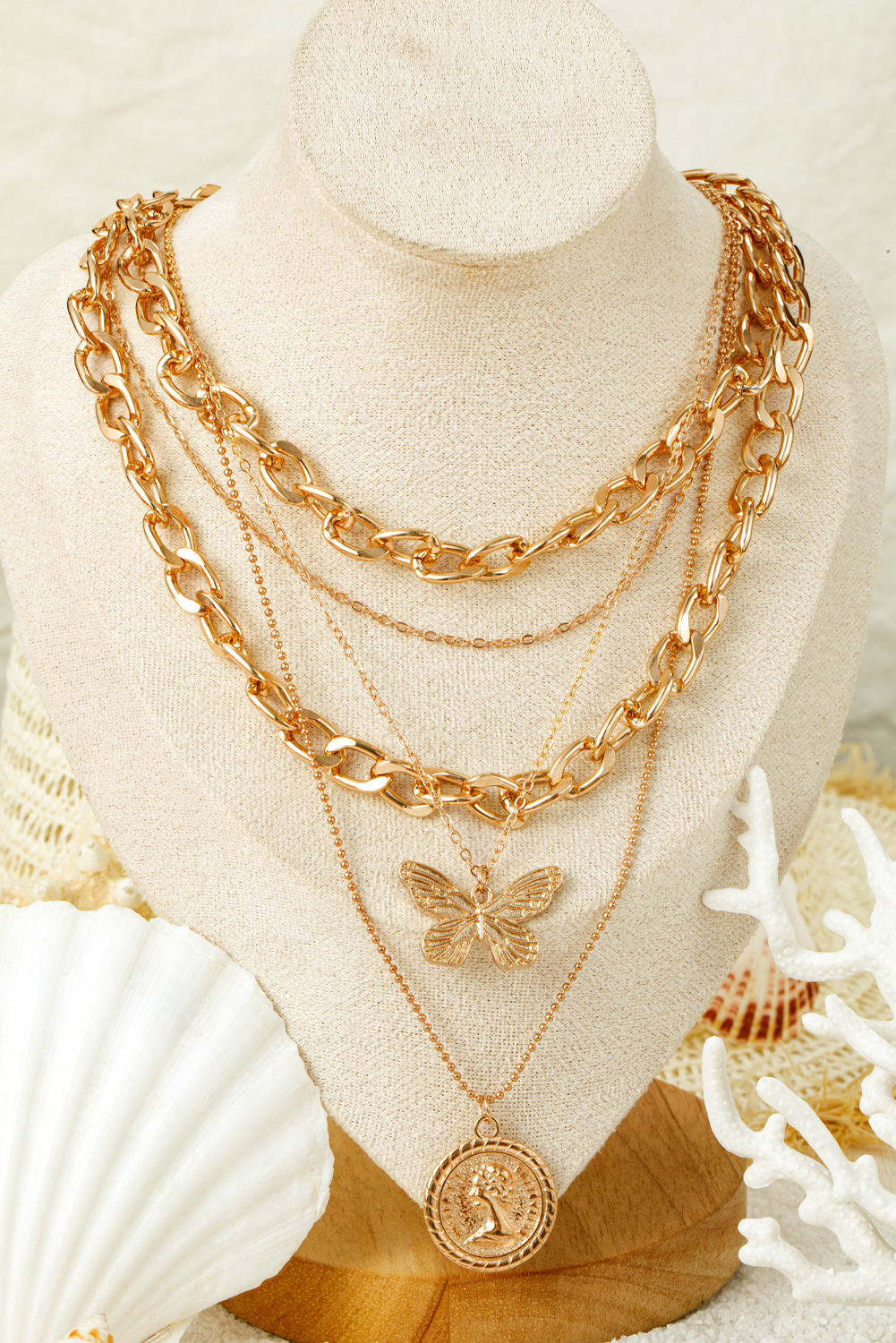 Gold Plated Alloy Multilayer Butterfly Charm Necklace - loveforevers