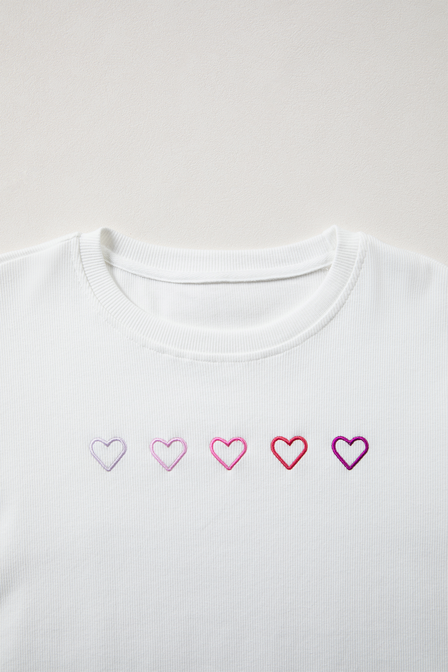 White 3d Ribbed XOXO Heart Embroidered Drop Shoulder Sweatshirt - loveforevers