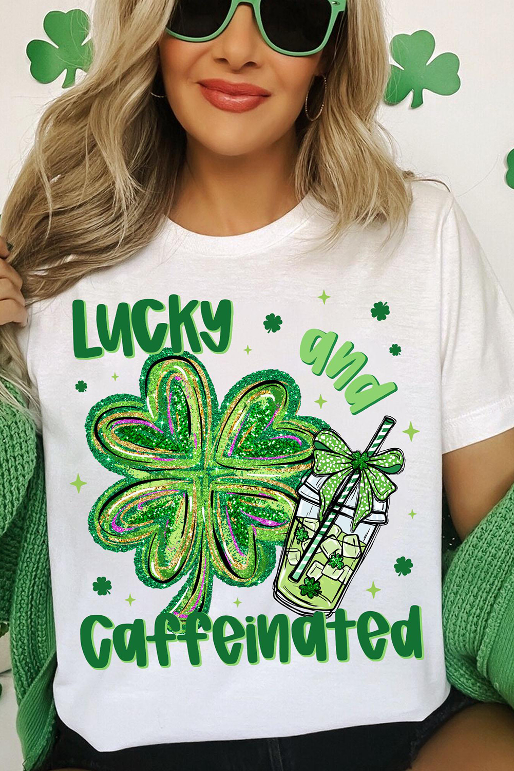 White Lucky and Caffeinated Clover Graphic St Patrick Tee - loveforevers
