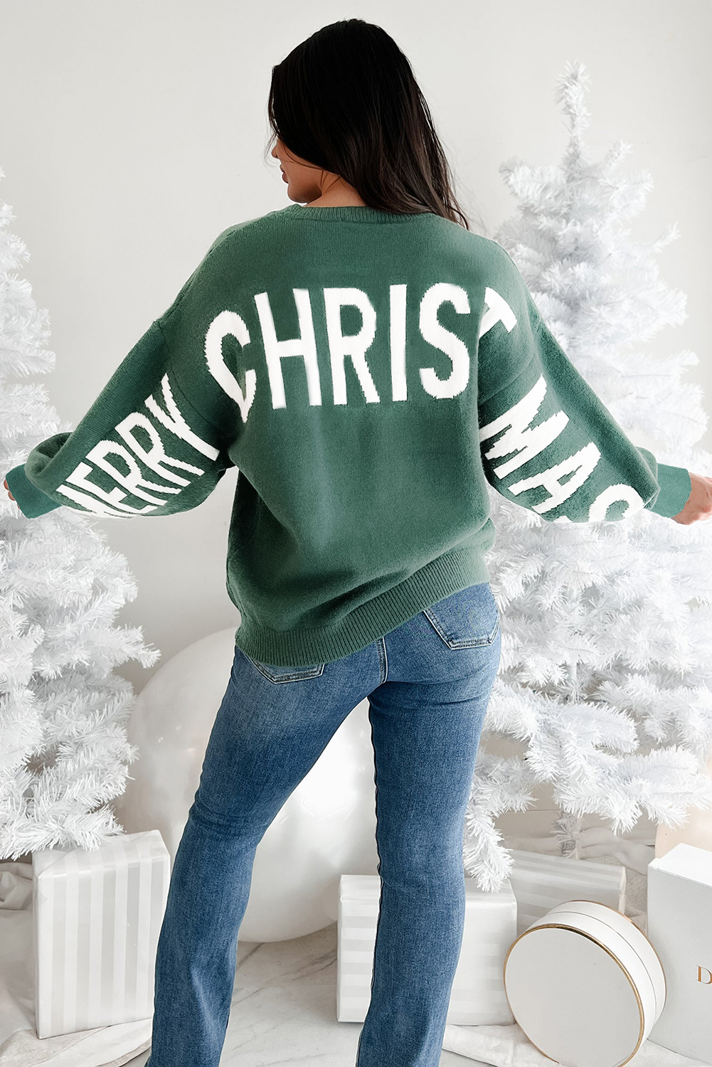 White Chenille Graphic Drop Shoulder Holiday Sweater - loveforevers