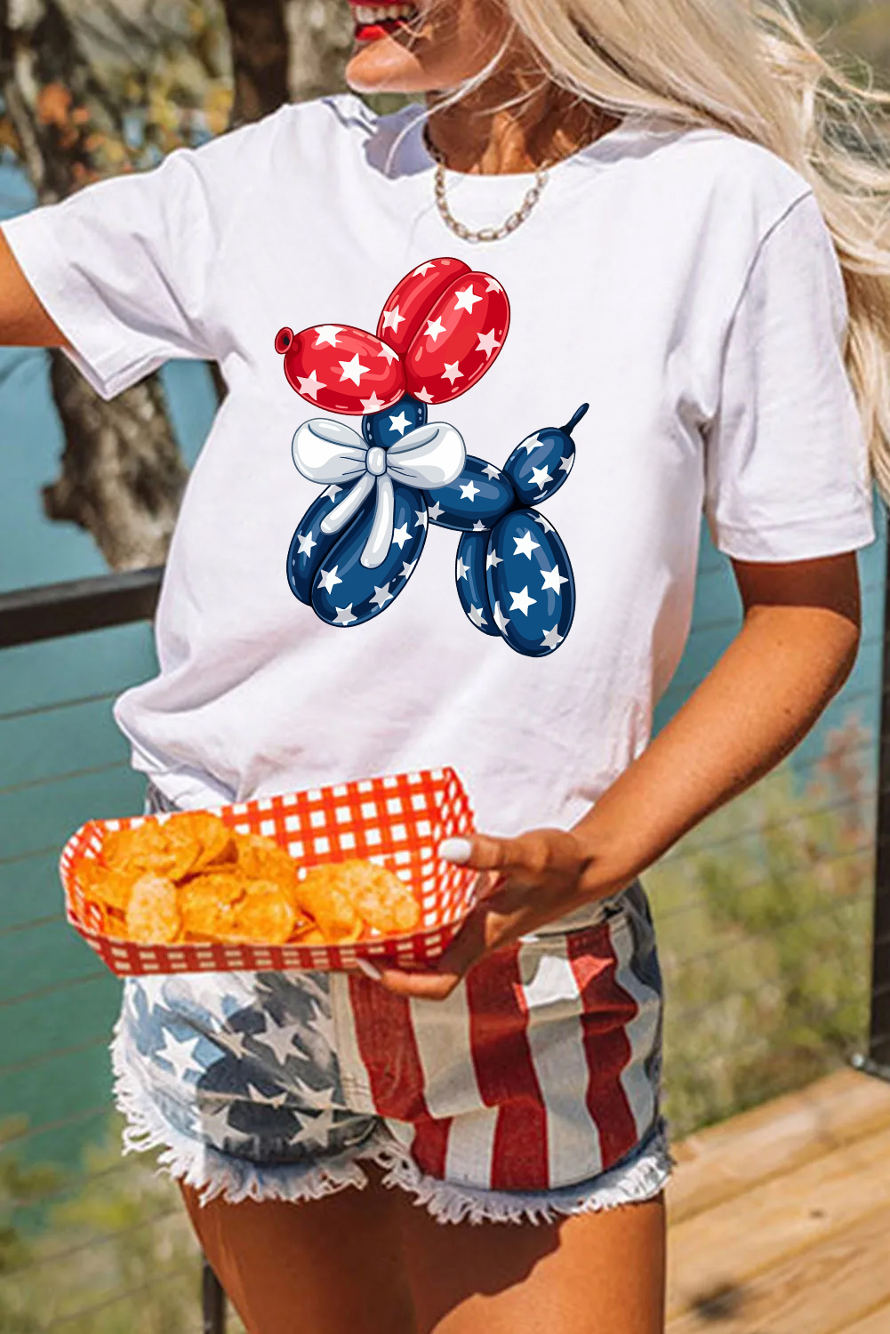 White American Flag Inspired Balloon Dog Graphic Cotton Blend T Shirt - loveforevers
