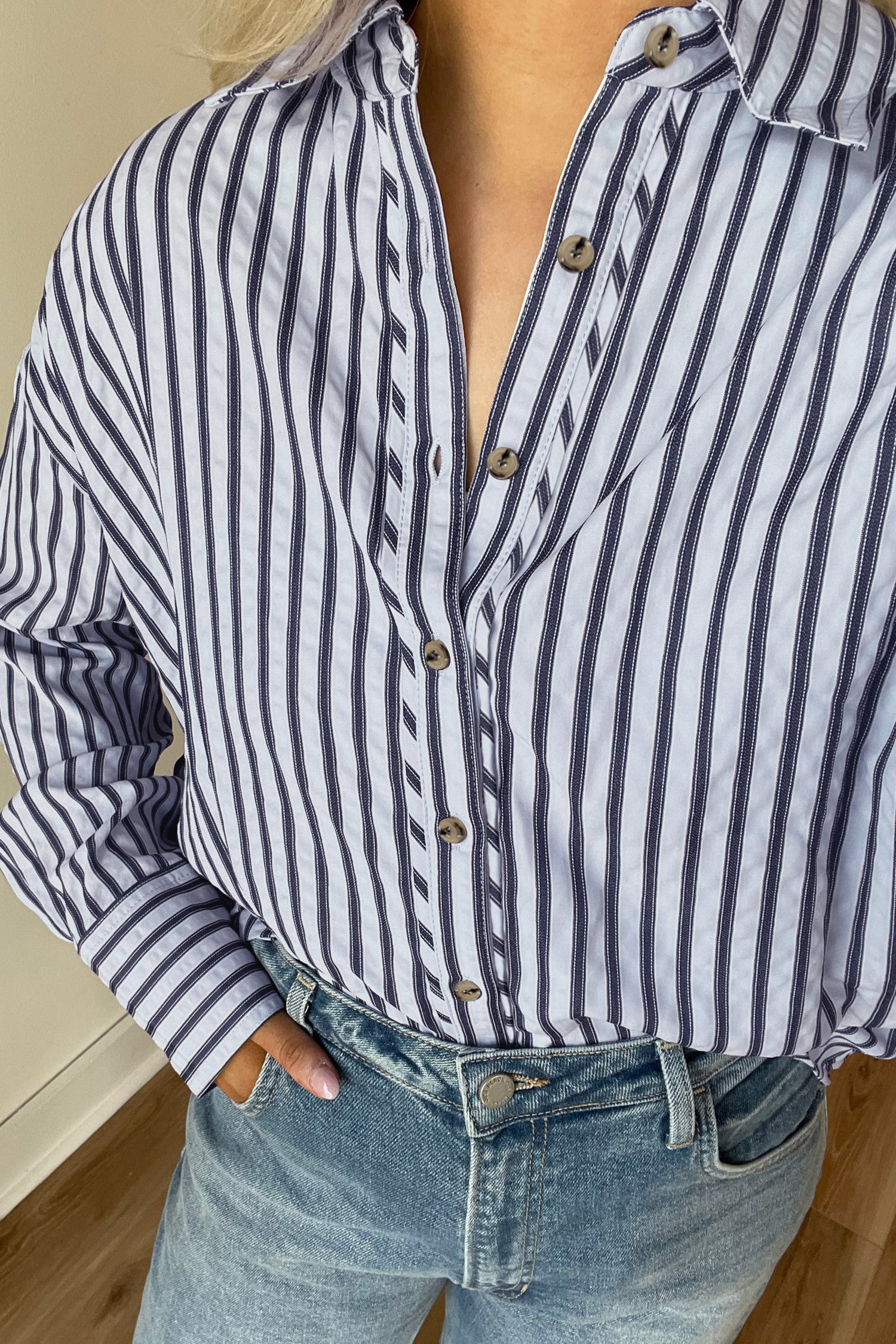 Blue Stripe Button Down Long Sleeve Loose Shirt - loveforevers