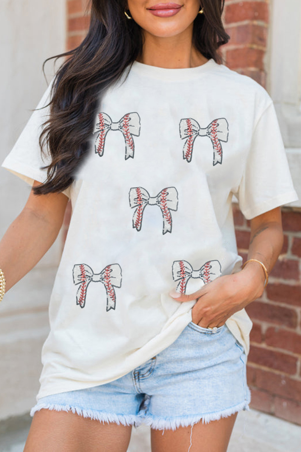 Black Glitter Baseball Bow Patched Cotton Blend T Shirt - loveforevers