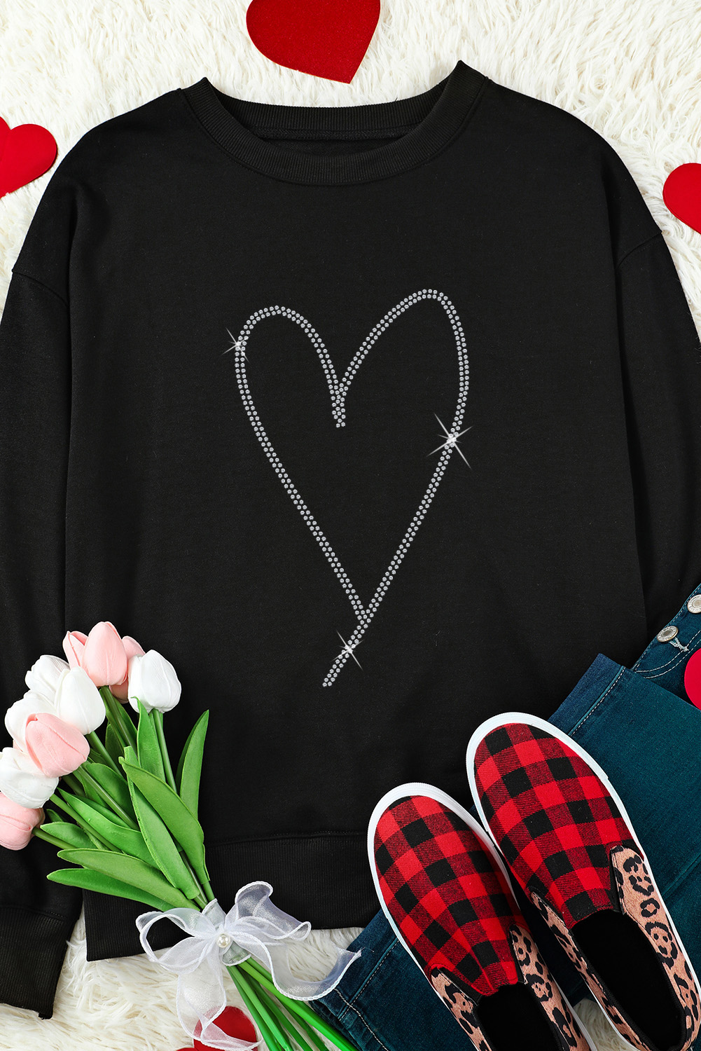 Black Rhinestone Heart Pattern Valentines Fashion Sweatshirt - loveforevers
