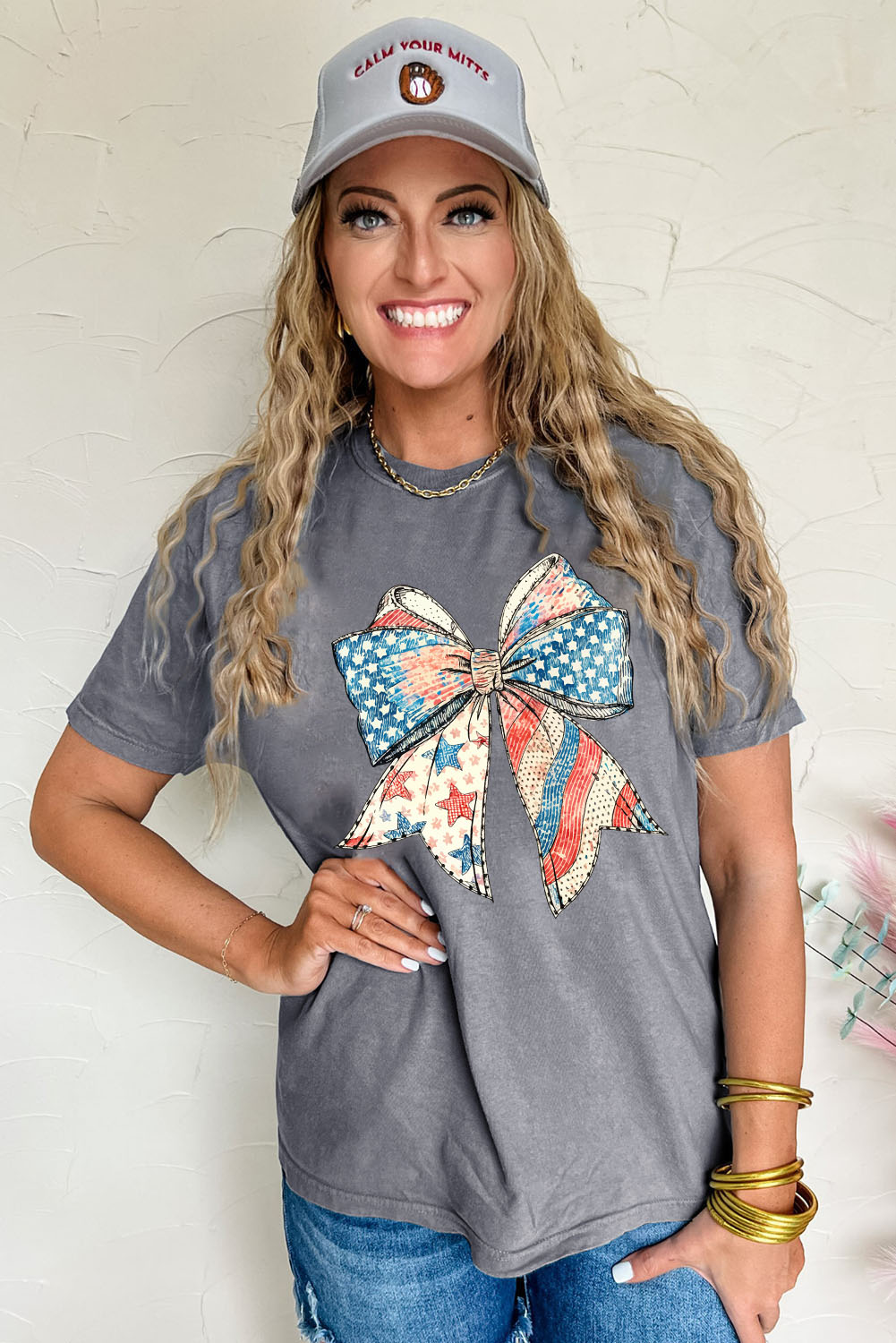 Gray US Flag Bow Print Round Neck Loose T Shirt - loveforevers