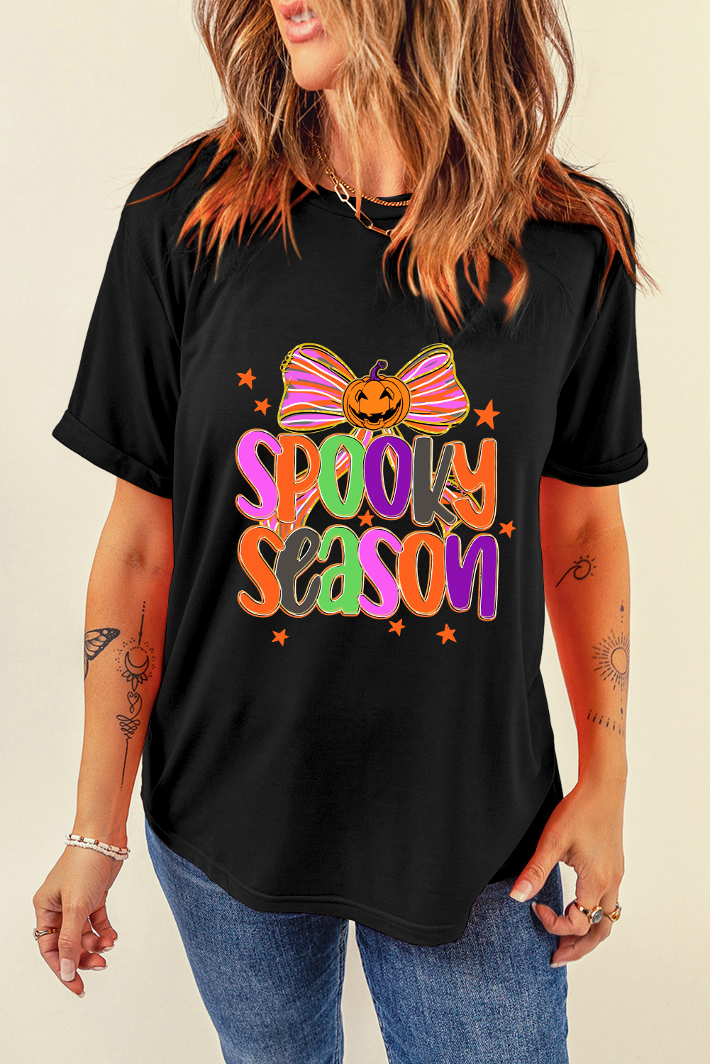 Black SPOOKY SEASON Halloween Pumpkin Bow Print T Shirt - loveforevers