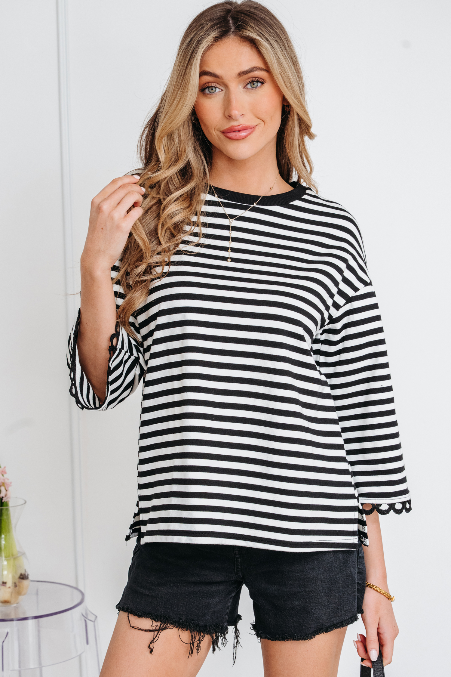 Racing Red Striped Print Drop Shoulder Lace Trim Bracelet Sleeve Loose Top - loveforevers