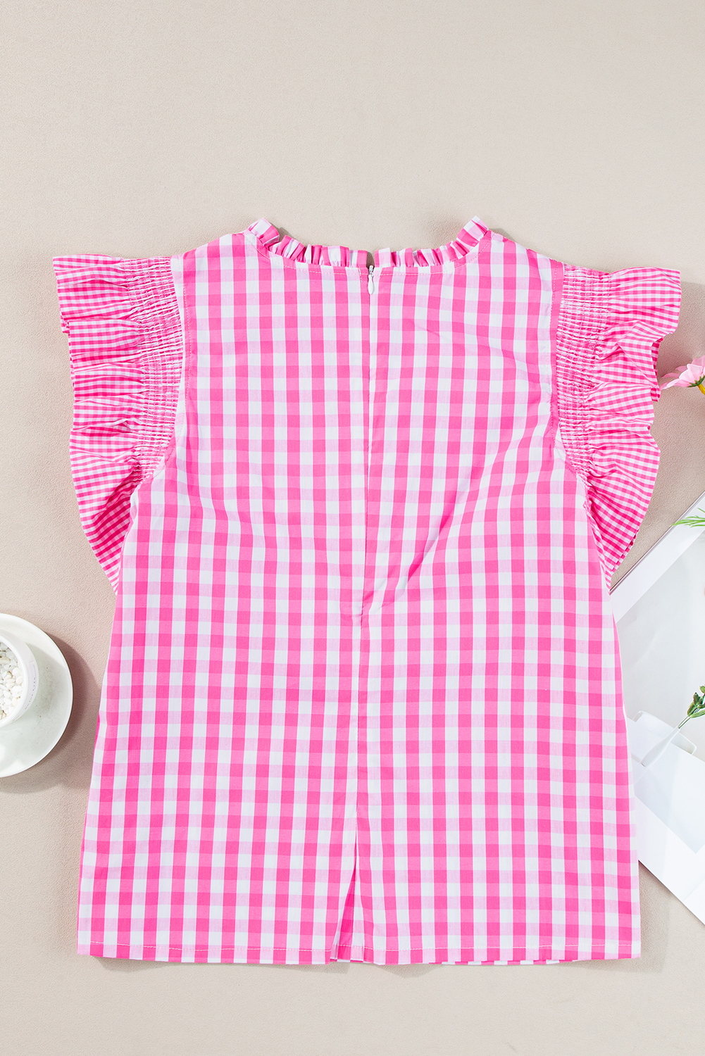 Rose Red Checkered Ruffled Sleeve Frilled Neck Blouse - loveforevers