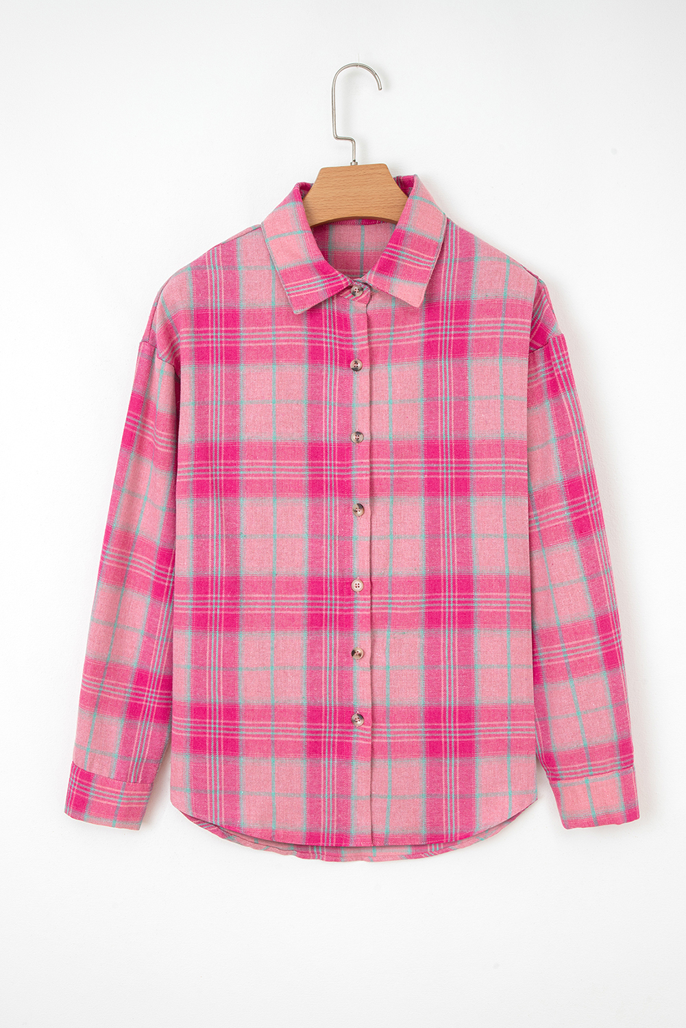 Sachet Pink Plaid Print Rounded Hem Long Sleeve Shirt with Pockets - loveforevers