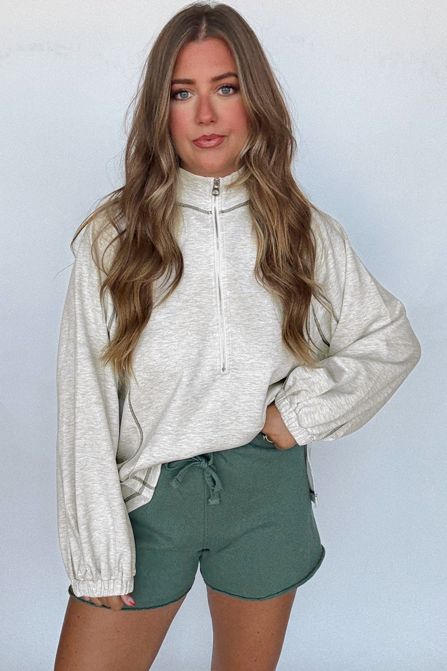 Light Grey Half Zip Stand Neck Seam Detail Long Sleeve Top - loveforevers