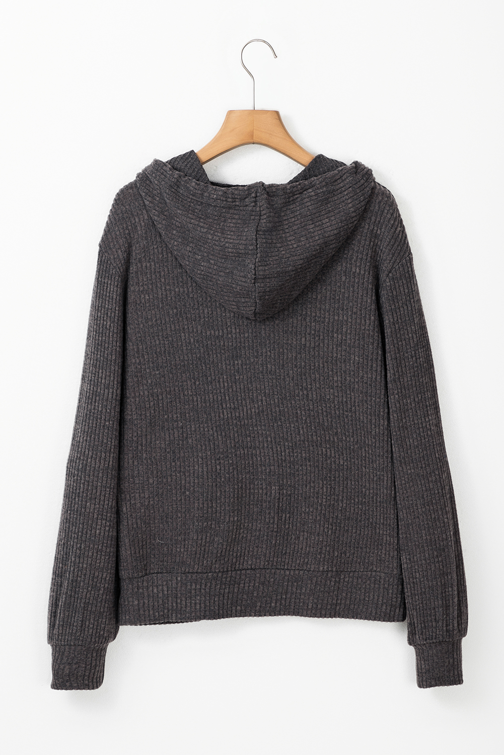 Dark Grey Ribbed Zip Up Front Drawstring Hoodie - loveforevers