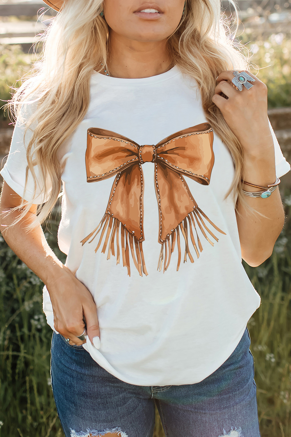 White Tassel Bowknot Print Round Neck Western Fashion T Shirt - loveforevers