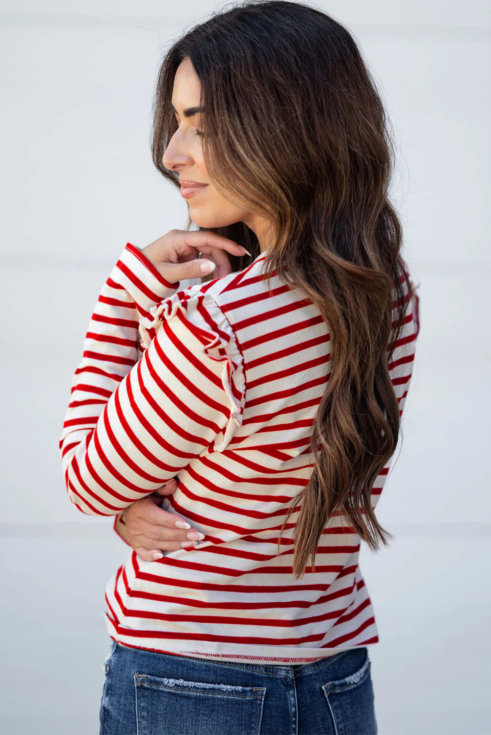 Red Stripe Round Neck Ruffle Trim Long Sleeve Top - loveforevers