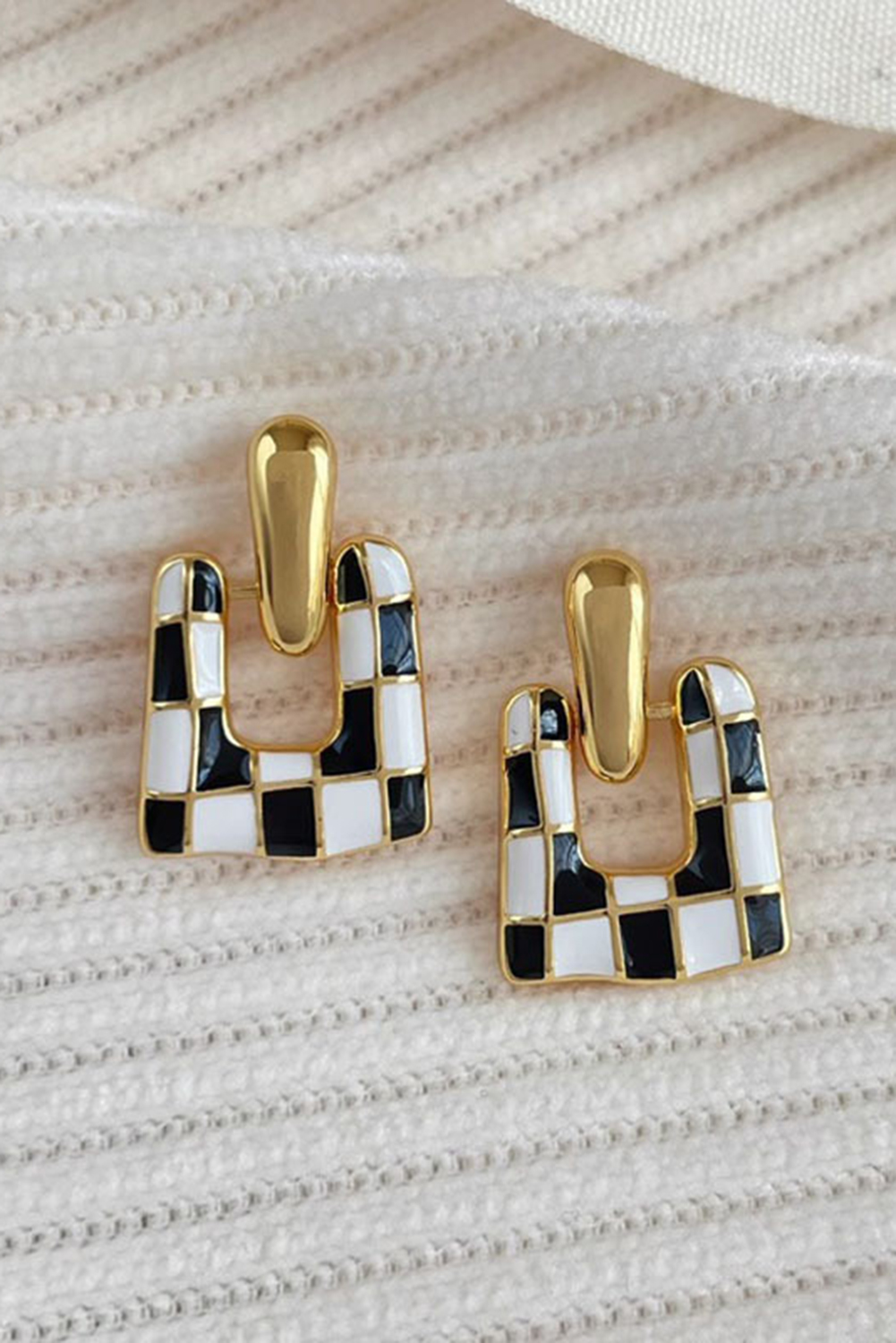 Black Checkered Pattern Square Shape Stud Dangle Earrings - loveforevers