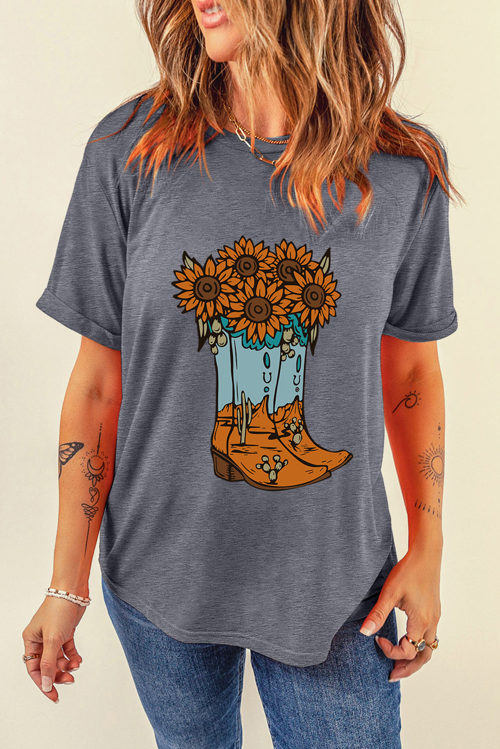 Gray Sunflower Cowgirl Boots Print Western Fashion T Shirt - loveforevers