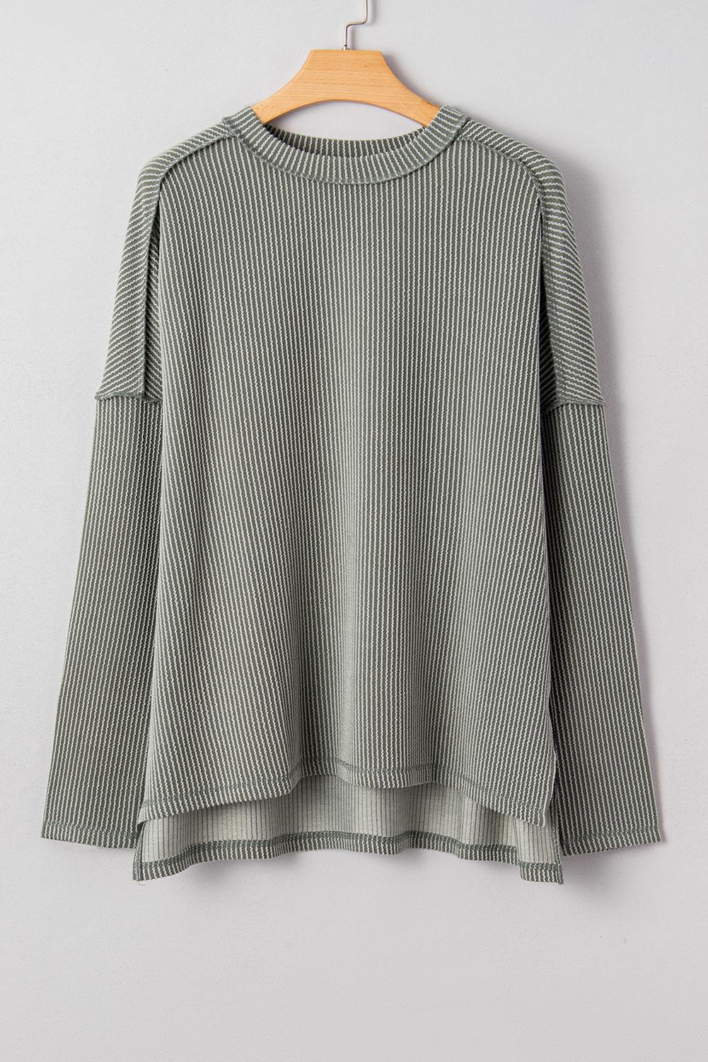 Dark Khaki Twist Ribbed Exposed Seam Detail Long Sleeve Loose Top - loveforevers