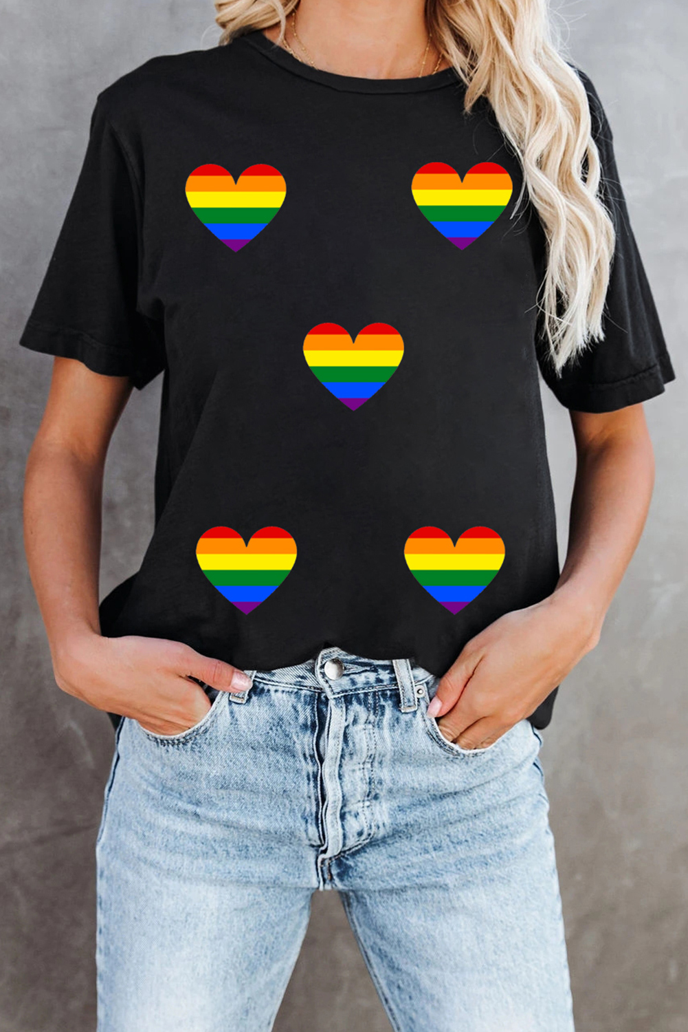 Black Heart Print Crew Neck Chic T Shirt - loveforevers