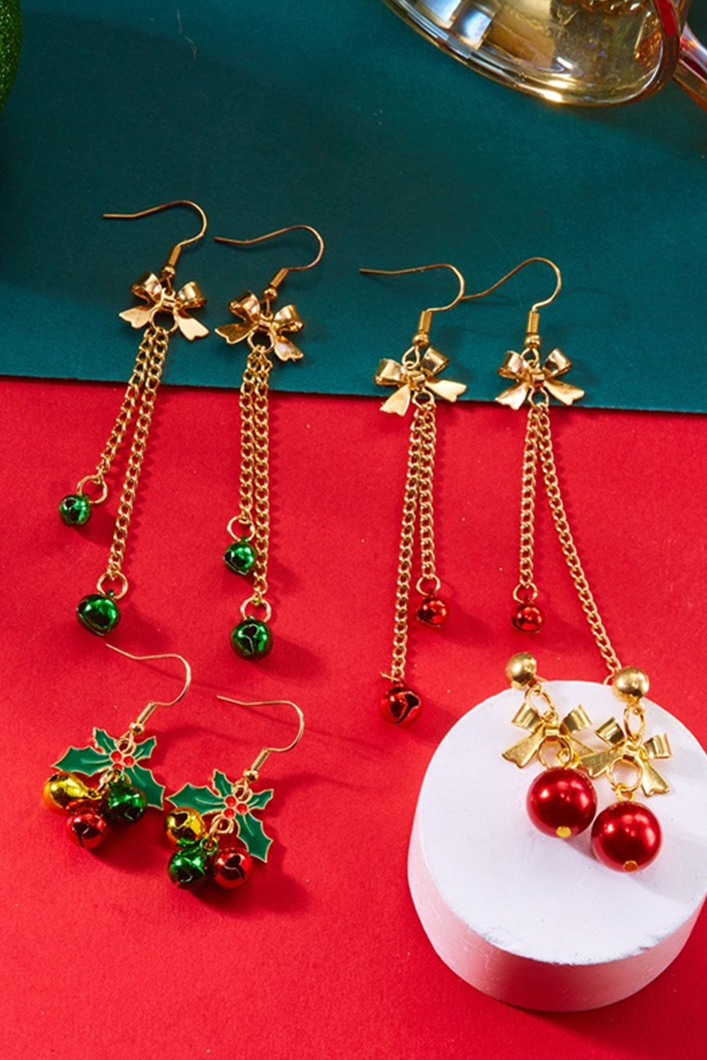 Fiery Red Jingle Bell Tassel Dangle Gold Plated Bow Hook Earrings - loveforevers