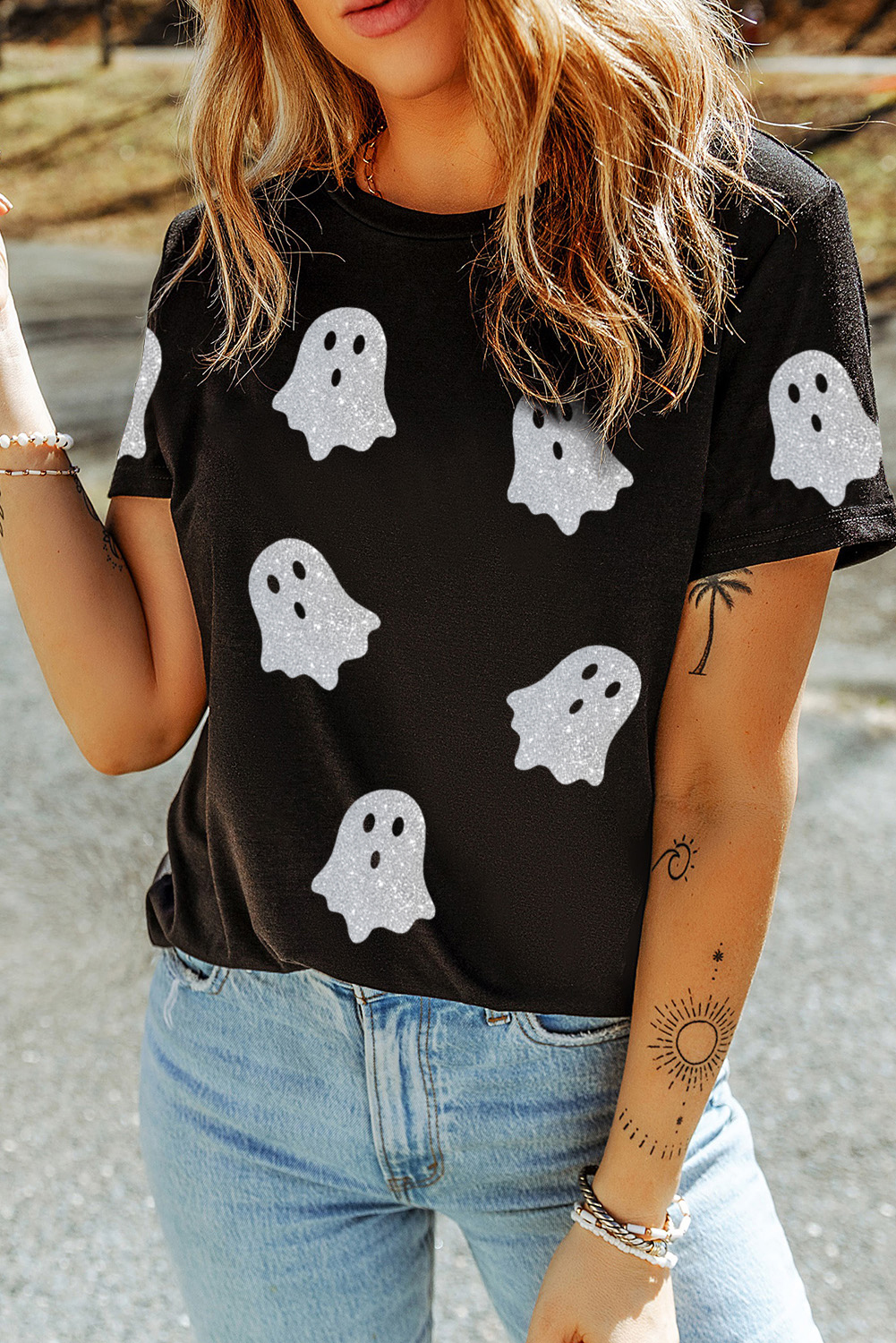 Wisteria Glitter Trim Chenille Ghost Patched Halloween Graphic Tee - loveforevers
