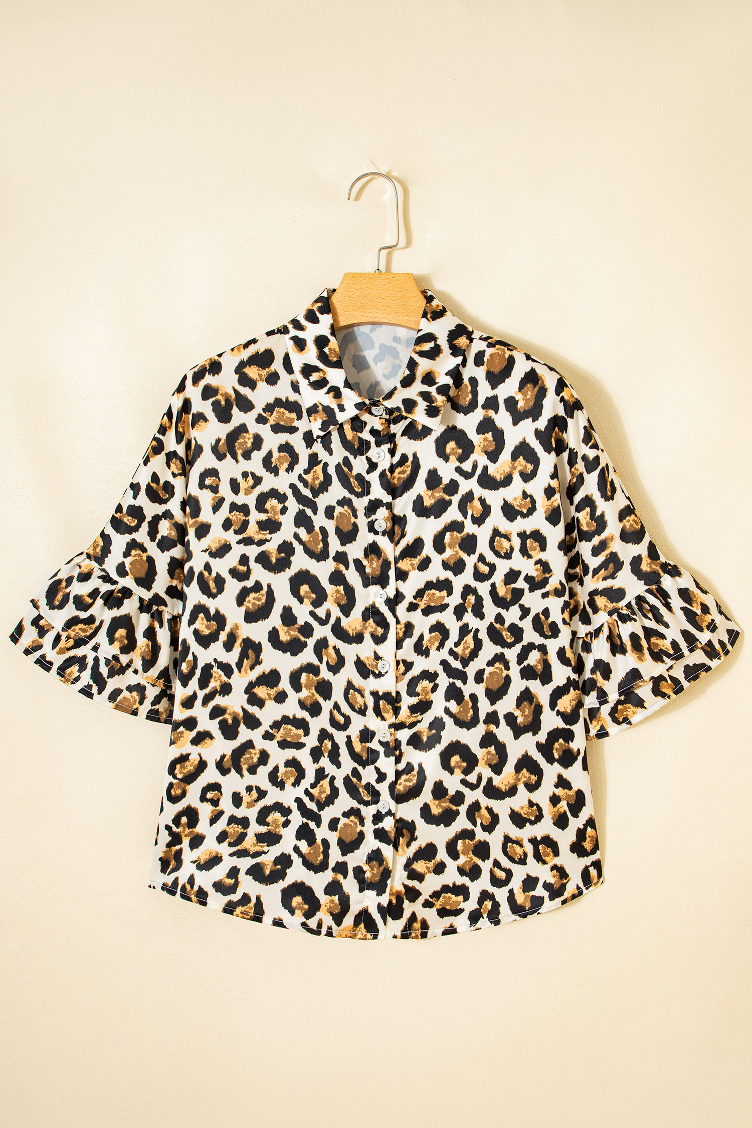 Khaki Leopard Print Ruffle Trim 3/4 Sleeve Loose Shirt - loveforevers