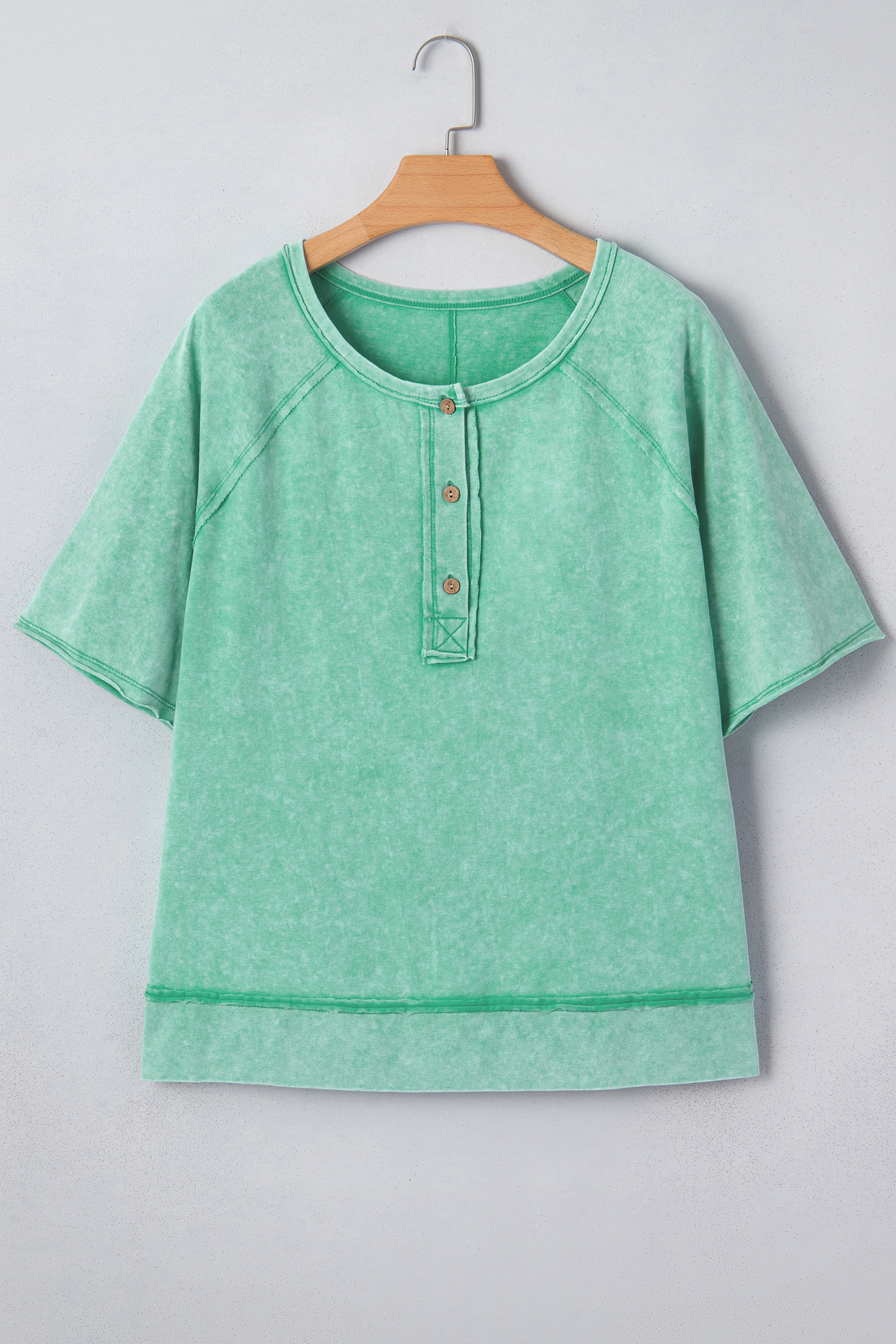 Mint Green Half Buttons Raw Seam Raglan Sleeve Mineral Wash T Shirt - loveforevers