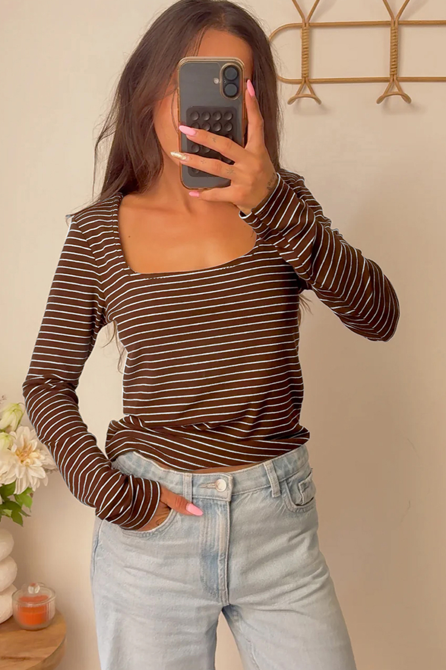 Brown Stripe Square Neck Long Sleeve Top - loveforevers