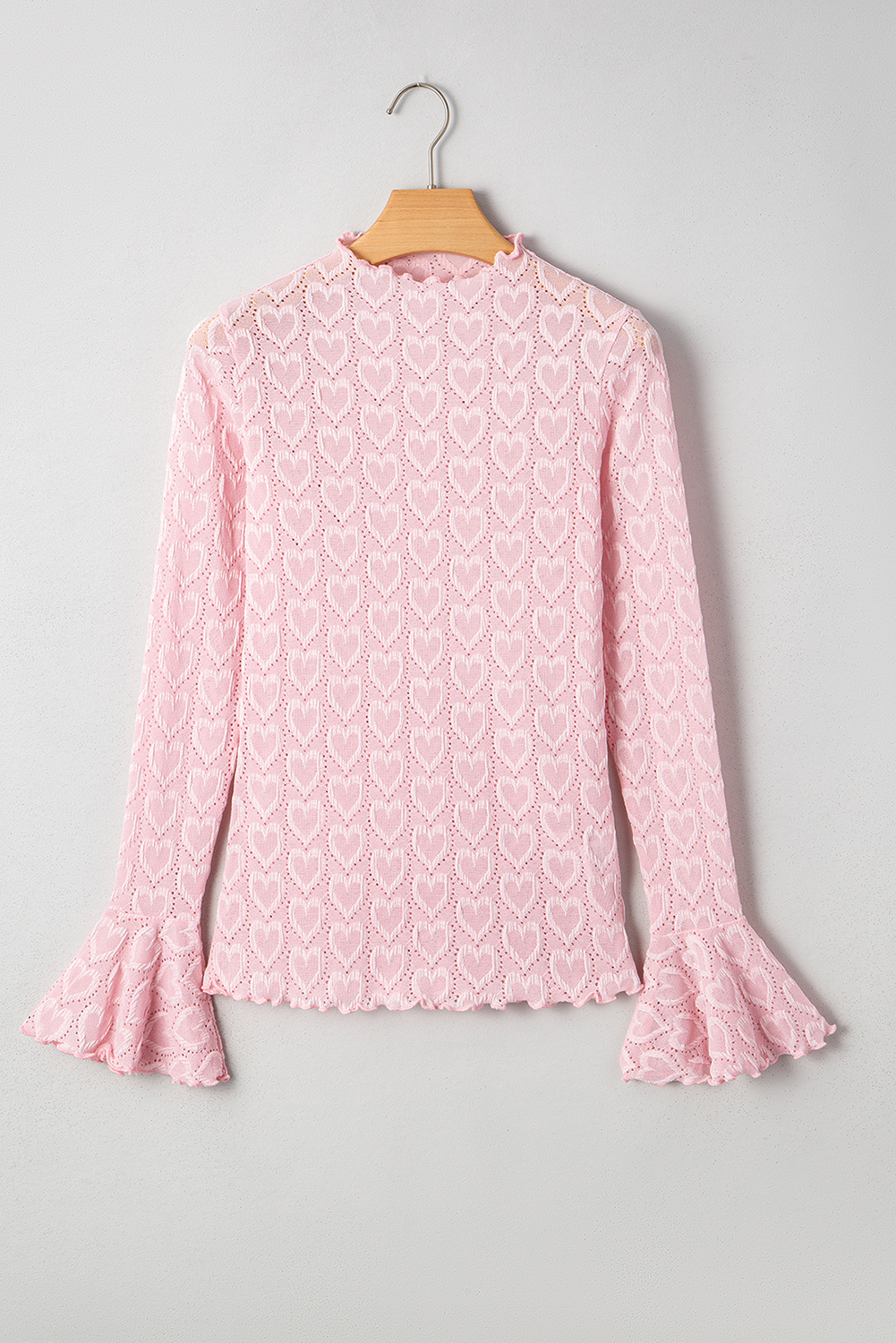 Gossamer Pink Heart Jacquard Flare Sleeve Mock Neck Fitted Top - loveforevers