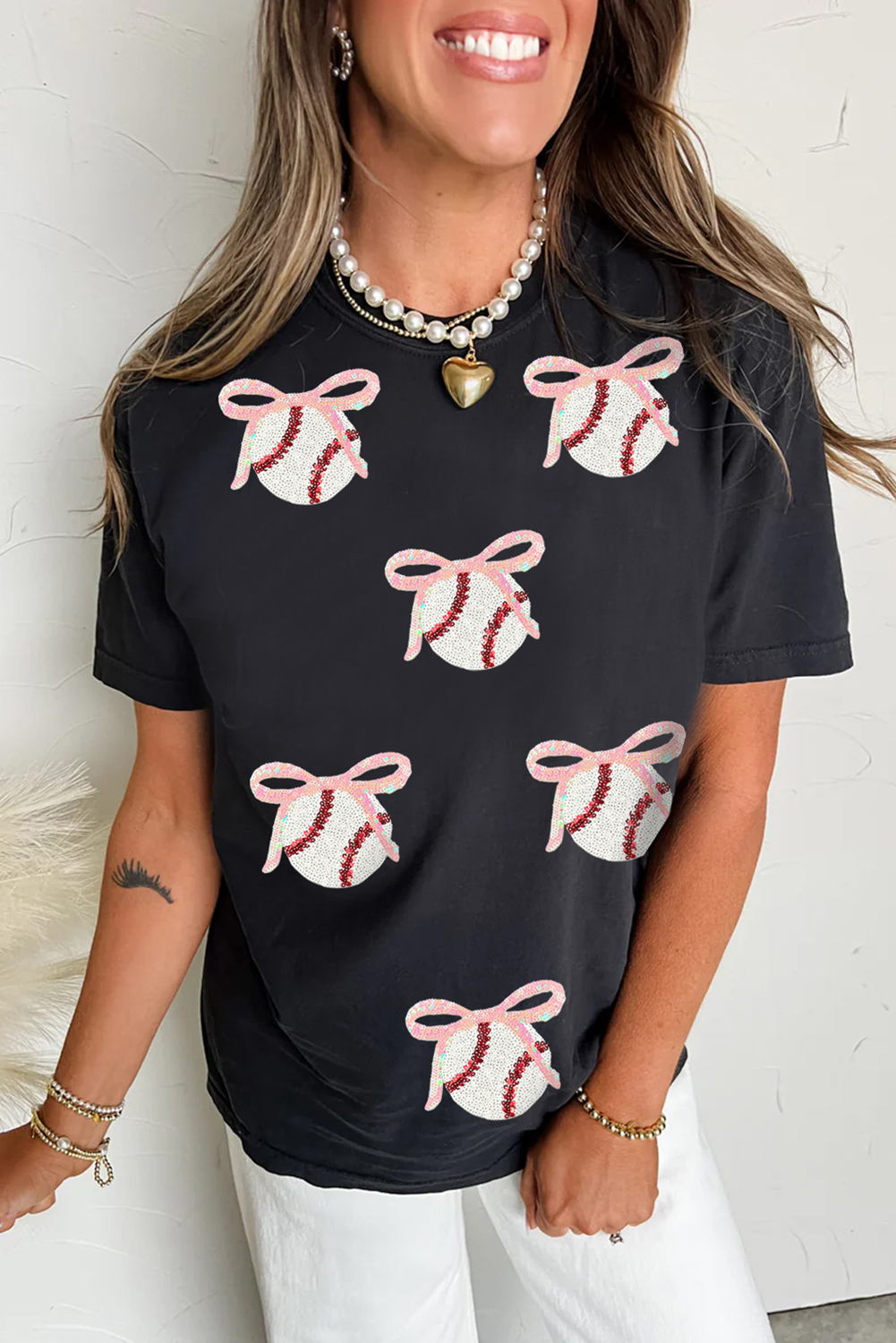 Black Shimmering Sequin Bow Ball Patterned Game Day Casual Tee - loveforevers