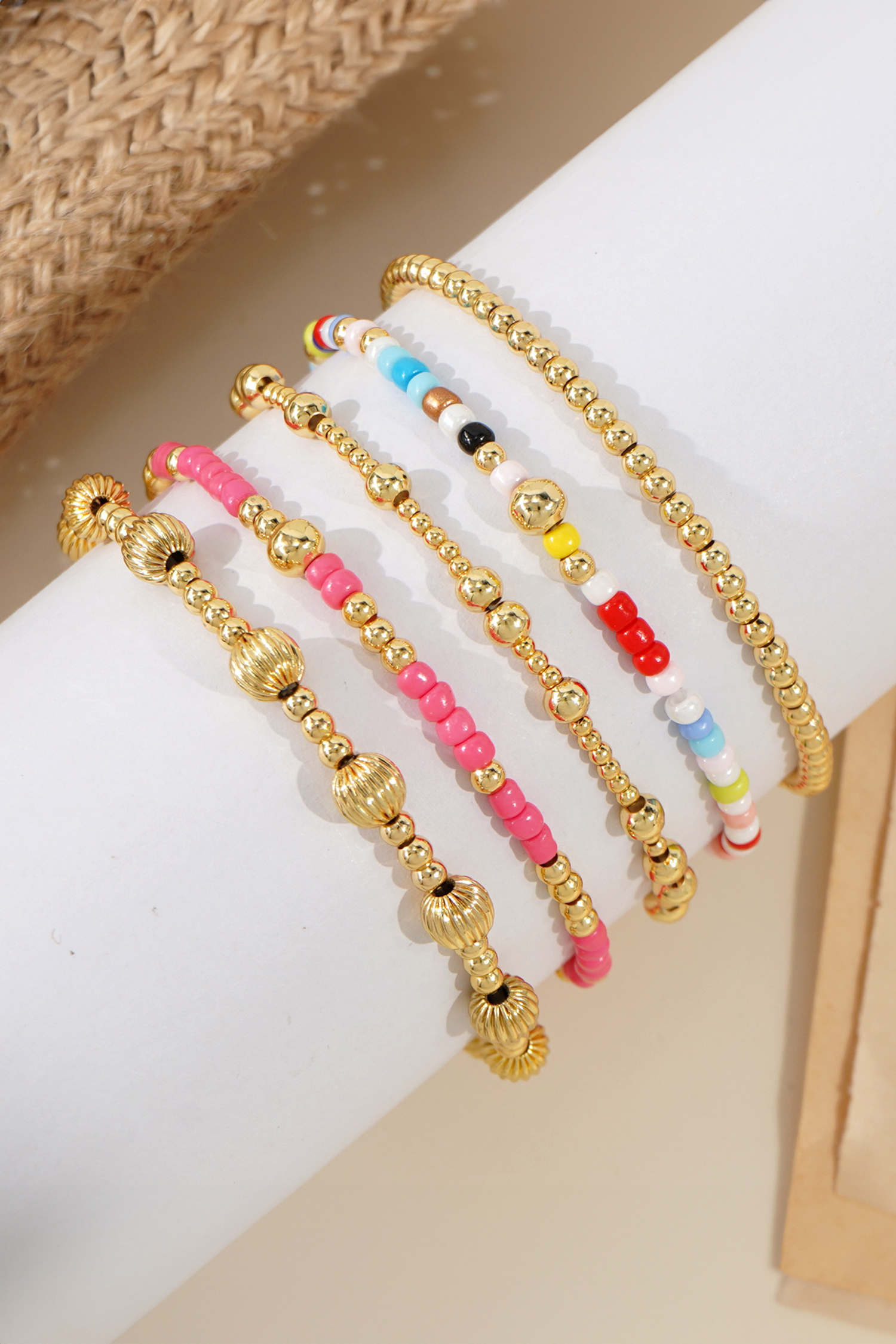 Gold 5pcs Vibrant Beading Stackable Elastic Bracelet Set - loveforevers