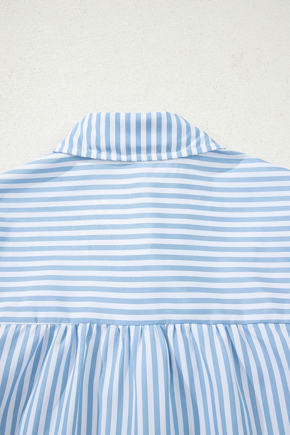 Sky Blue Stripe Shirred Detail Half Placket Collared Long Sleeve Fall Shirt - loveforevers