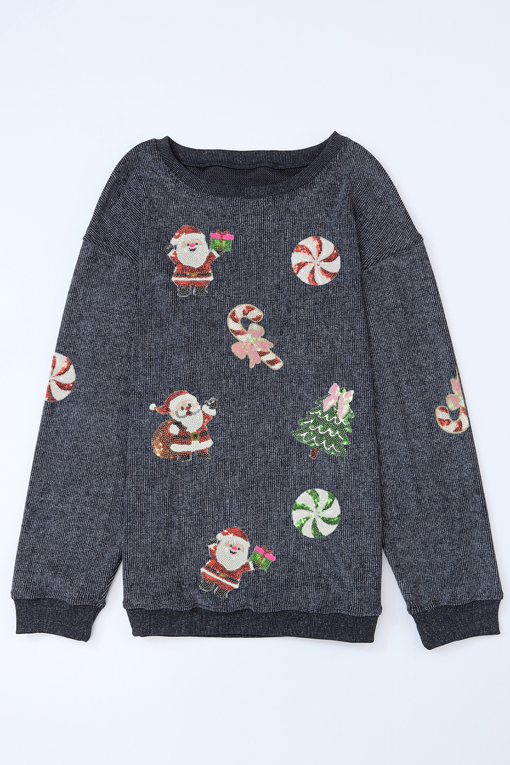 Gray Twisted Rib Christmas Santa Sequin Graphic Drop Shoulder Sweatshirt - loveforevers