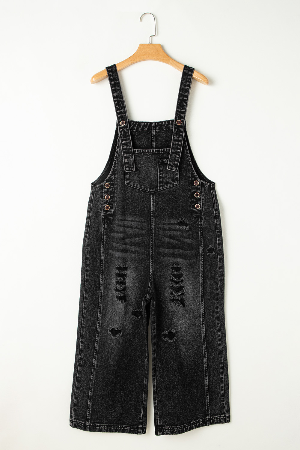 Stone Blue Distressed Bib Pocket Wide Leg Denim Overall - loveforevers