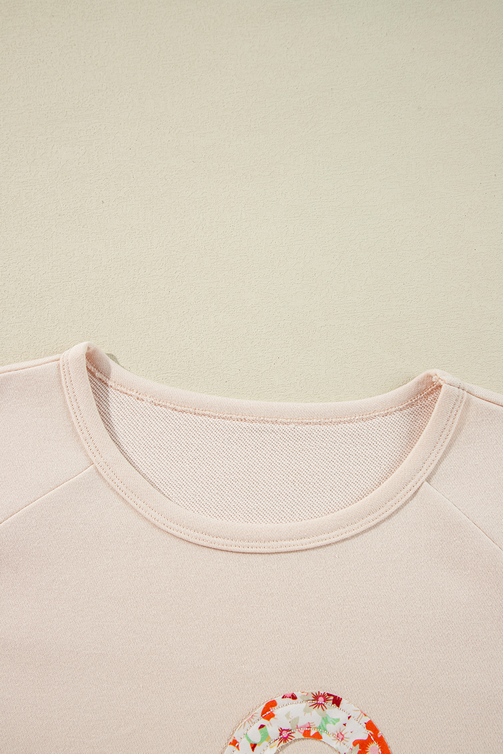Beige Flower Patch Graphic Exposed Seam Wide Sleeve Top - loveforevers