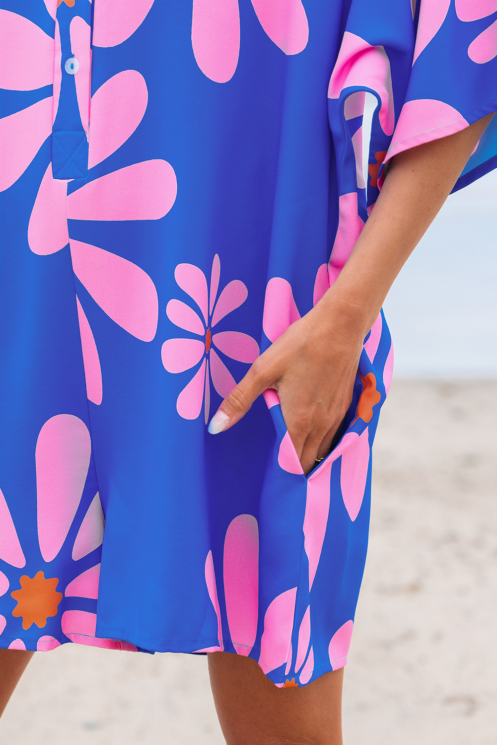 Blue Summer Flower Print Shirt Collar Button Front Loose Romper - loveforevers