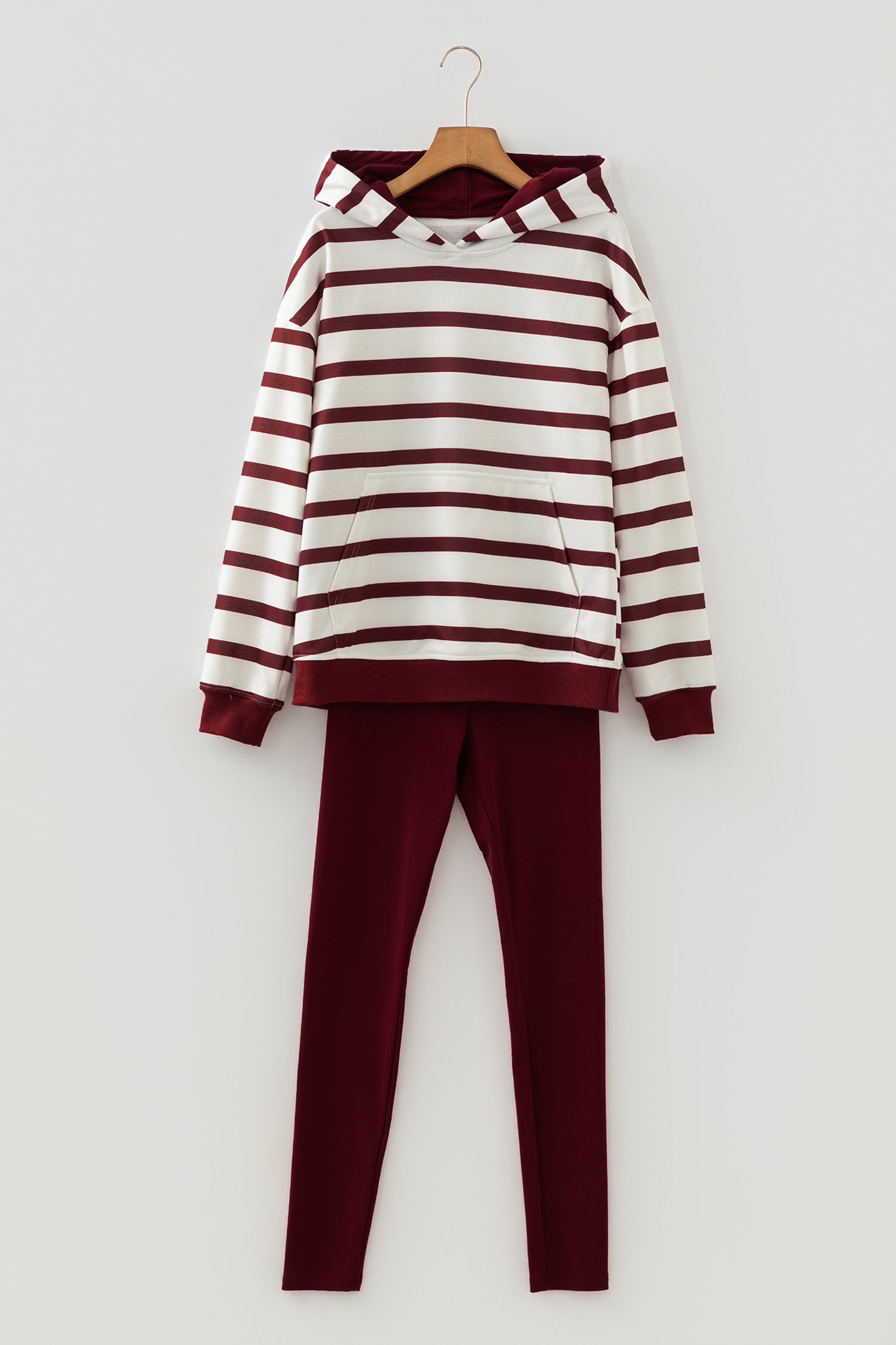 Red Stripe Pullover Hoodie Ribbed Solid Pants 2pcs Set Outfit - loveforevers