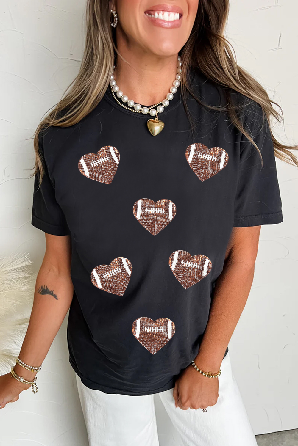 Black Rugby Football Sequin Heart Patched Graphic Tee - loveforevers