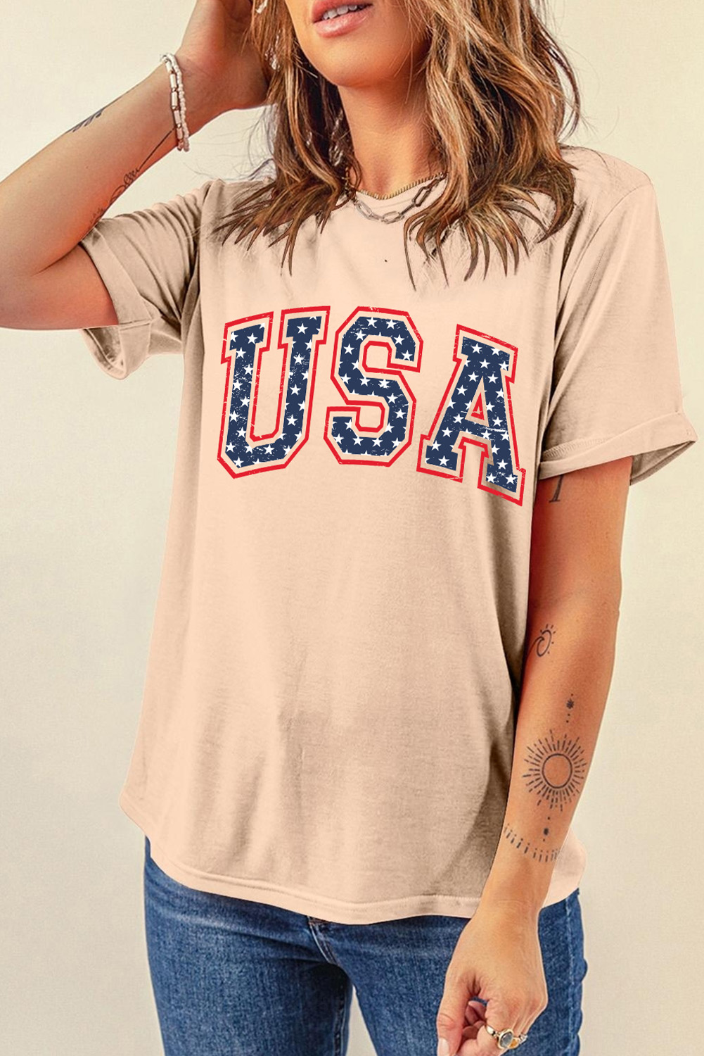 Gray Blooming USA Flag Print Casual T Shirt - loveforevers