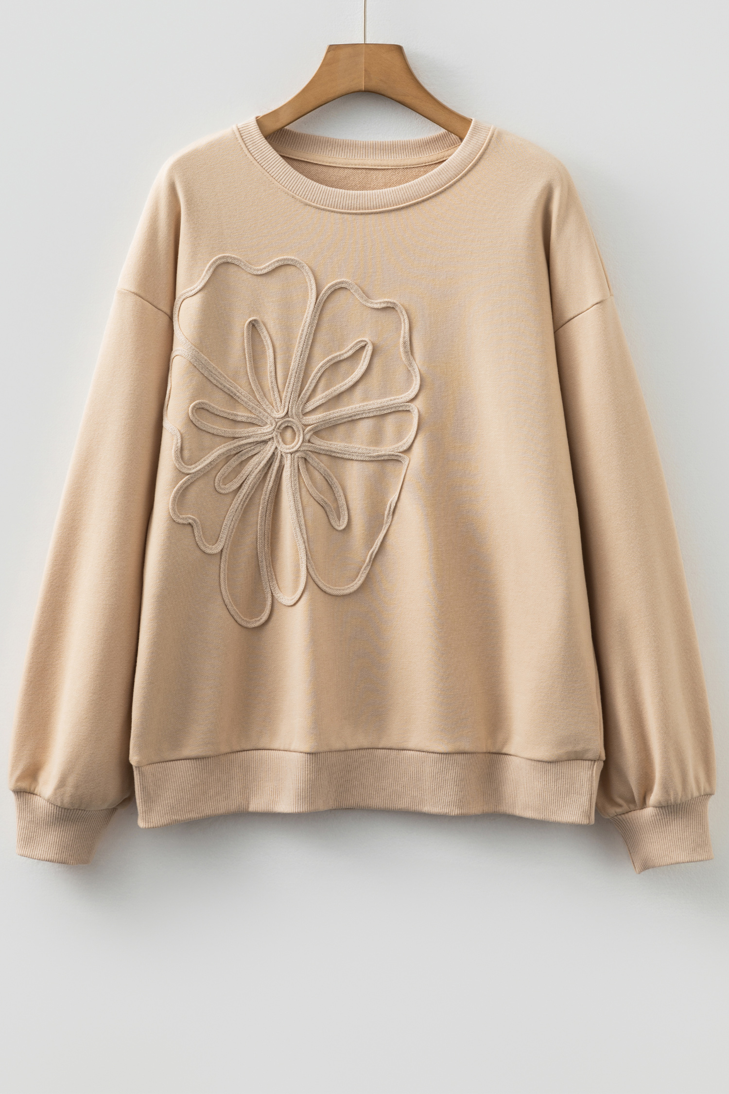 Parchment Embroidered Flower Pattern Drop Shoulder Sweatshirt - loveforevers