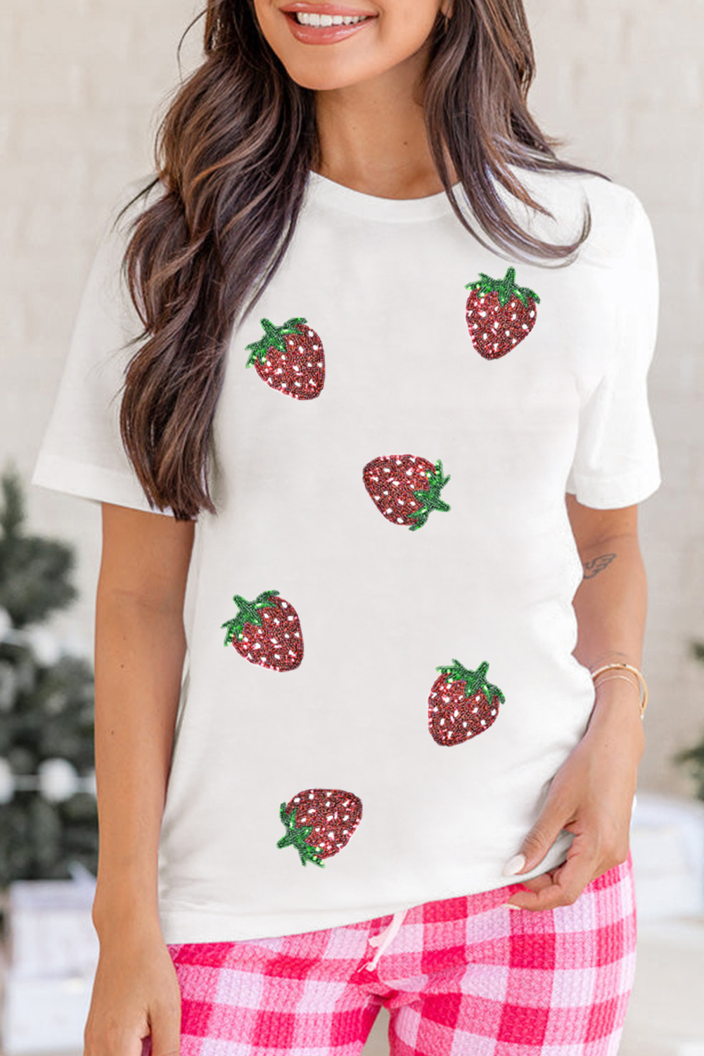 White Sequin Bow Strawberry Graphic Crew Neck T Shirt - loveforevers
